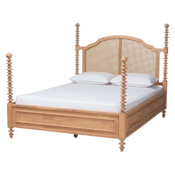 Baxton Studio Neviah Four Poster Bed with Woven Rattan Headboard, King, Beech Brown Baxton Studio restaurant furniture, hotel furniture, commercial furniture, wholesale bedroom furniture, wholesale king, classic king